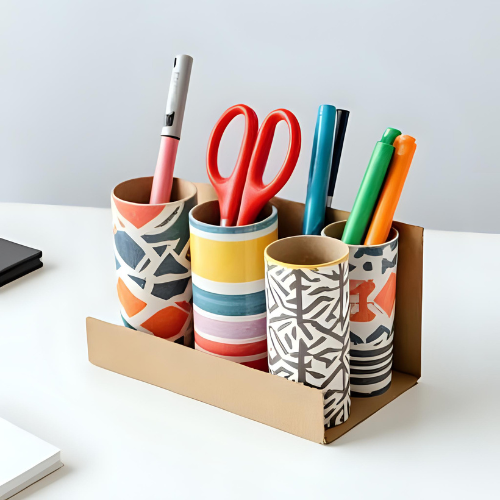 Organizador de escritorio con tubos de cartón