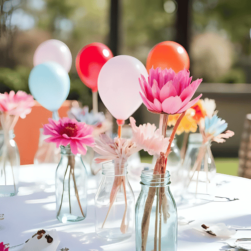 Centros de mesa con frascos de vidrio, globos y flores