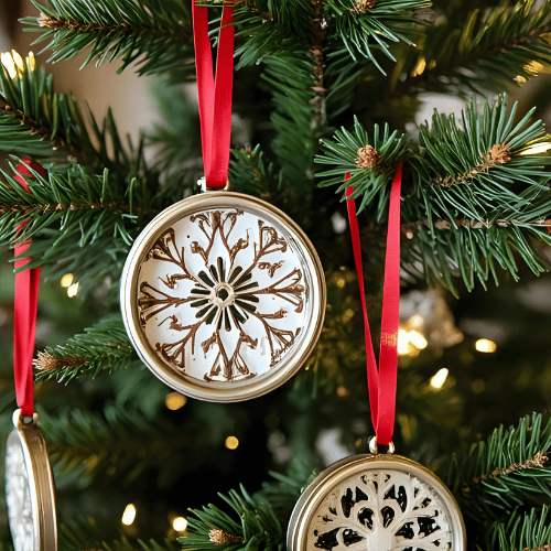 Adornos para el árbol de navidad hechos con tapas de frascos y cartón