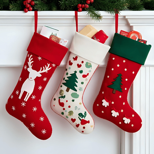 Calcetines navideños hechos con tela y decorados