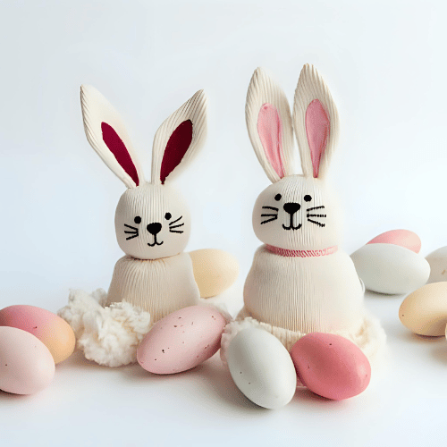 Conejitos de pascua hechos con medias atadas con hilo y orejas pegadas