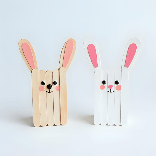Conejitos de pascua hechos con palitos de helado pintados y decorados