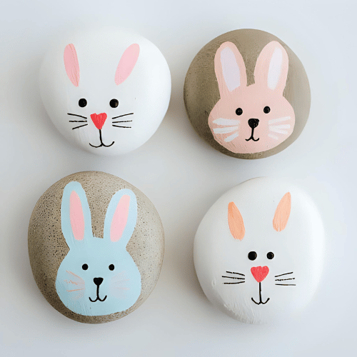 Conejitos de pascua pintados en piedras lisas